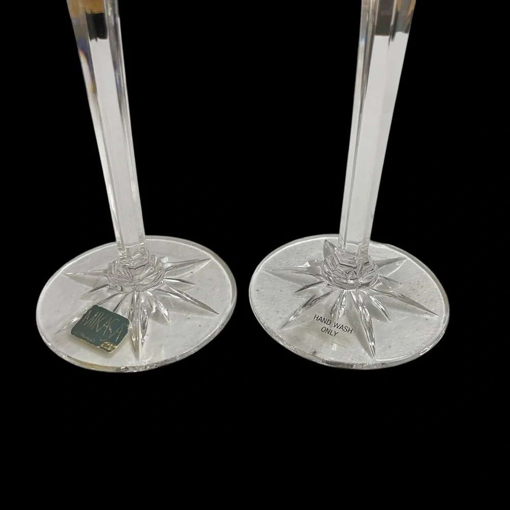 Pair Mikasa Golden Tiara Crystal Candlesticks Germany Gold Rim 8 5/8”